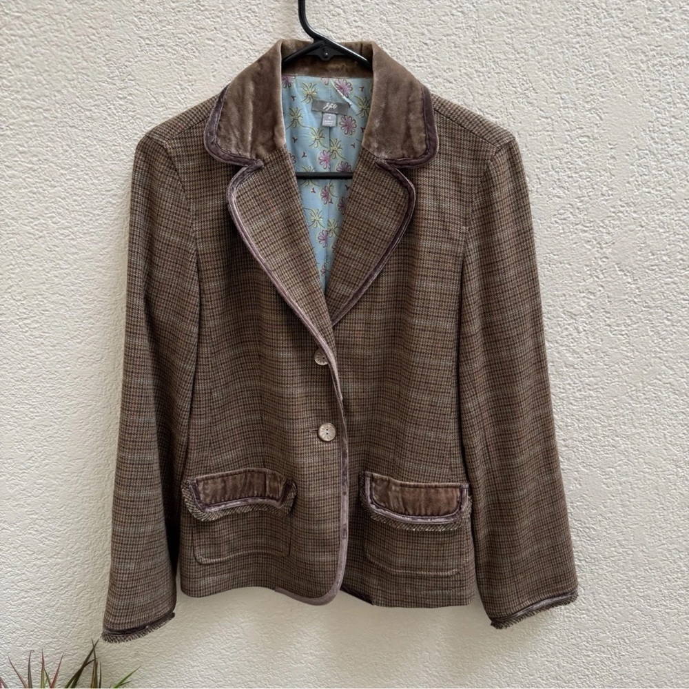 J. Jill Brown Plaid Blazer Jacket Size 4 Velvet Trim Blue Floral Lining Pockets